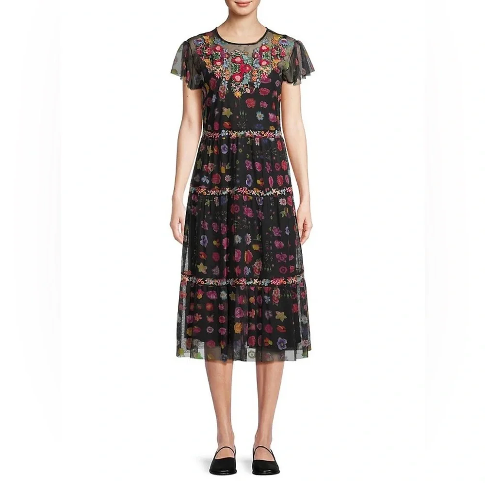 Johnny Was Black A-line Midi Dress with Flutter Sleeves - Picture 6 of 7